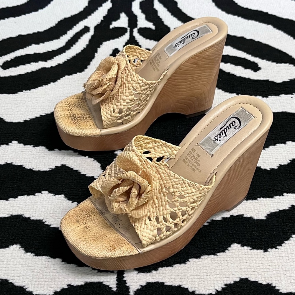 Candies Vintage 90s Y2K Raffia Straw Woven Chunky Wedge Platform Sandals